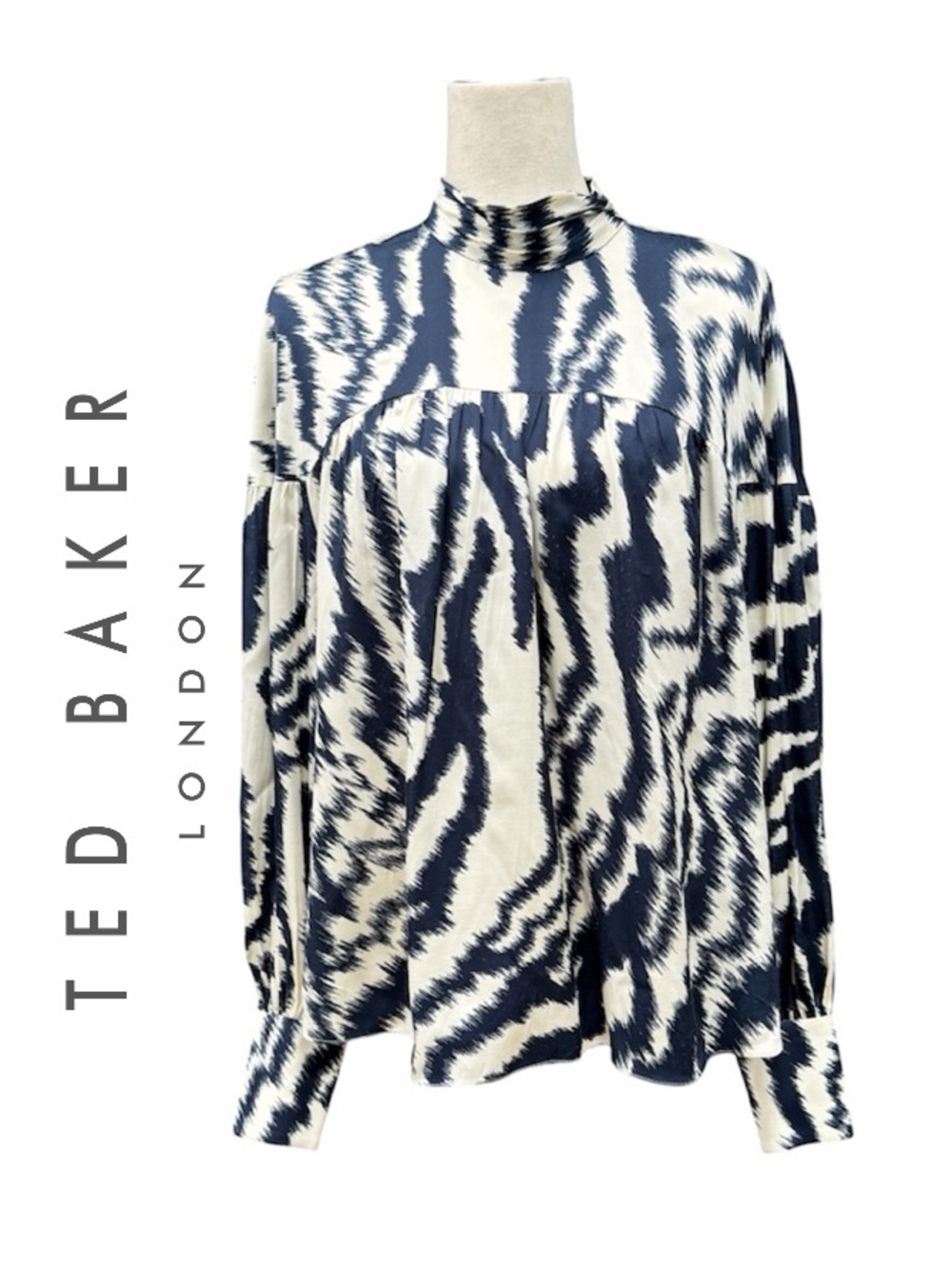 Ted Baker London Navy and White High-Neck abstract Animal Print Blouse 2